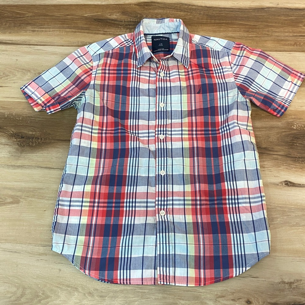 Nautica Boys‎ Red White Blue Plaid Short Sleeve Button Down Shirt Size L 14/16